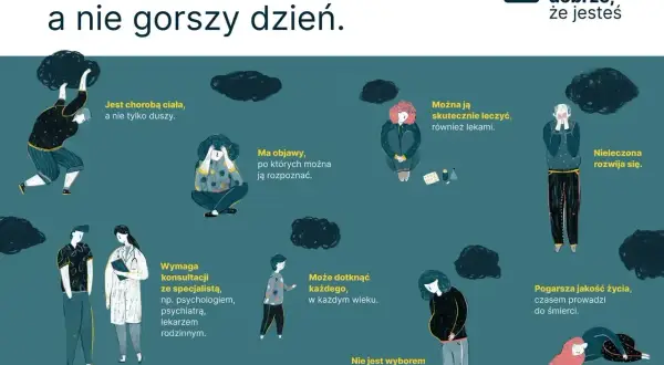 Ilustracja pokazuje, że depresja to choroba, a nie gorszy dzień. Wskazuje na objawy, leczenie (w tym hormony) i potrzebę konsultacji ze specjalistą.
