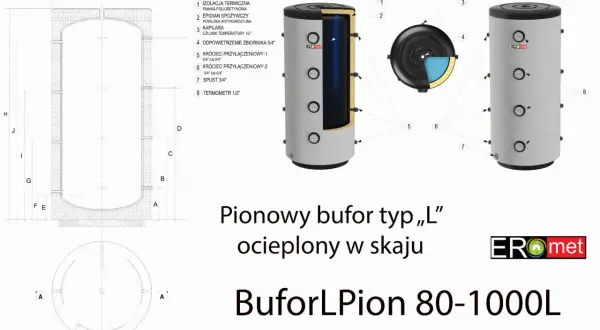 Schemat pionowego bufora typu „L” ocieplonego w skaju. Wymiary bufora 500l są widoczne na rysunku technicznym.