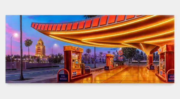 Alex Israel's vibrant painting captures a retro 76 gas station at dusk, with a grand building and palm trees in the background.