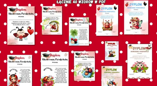 Dyplomy ukończenia przedszkola w Polsce dla grupy Biedronki. Urocze grafiki z biedronkami i kwiatami.