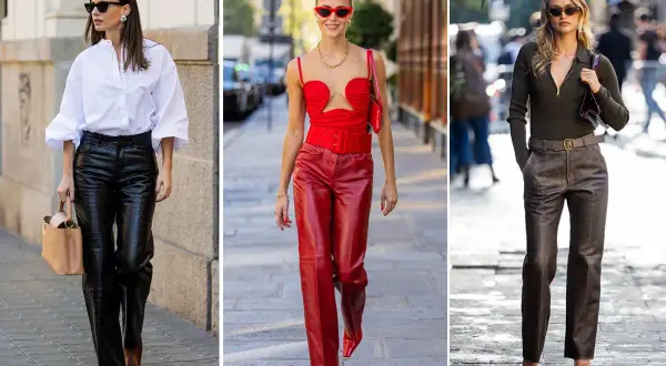 Tre donne sfoggiano un outfit con pantaloni di pelle larghi: neri con camicia bianca, rossi total look, e marroni con top scuro.