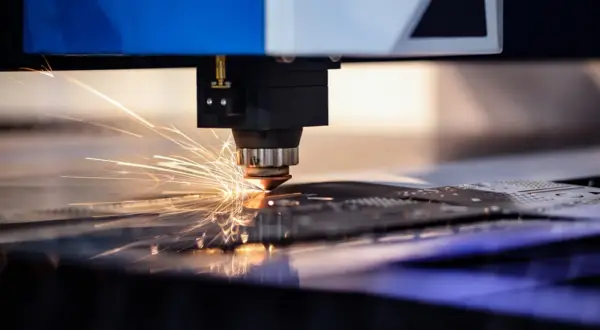 Precyzyjne cięcie aluminium przez laser, iskry rozbłyskują podczas pracy maszyny.
