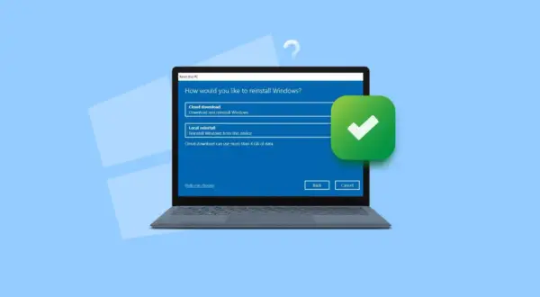 Ekran wyboru opcji reinstalacji systemu Windows. Dowiedz się, jak odblokować komputer, wybierając pobieranie z chmury lub lokalną reinstalację.