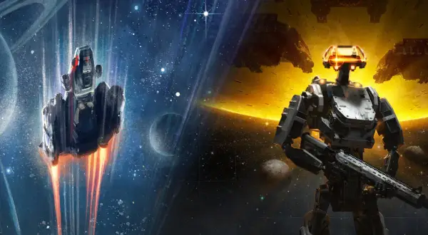 Robot z bronią na tle kosmosu i statku kosmicznego. Zapowiedź **starfield dlc**.