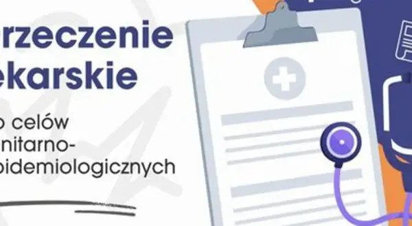 Orzeczenie lekarskie do celów sanitarno-epidemiologicznych. Dokument medyczny z symbolem krzyża i stetoskopem.