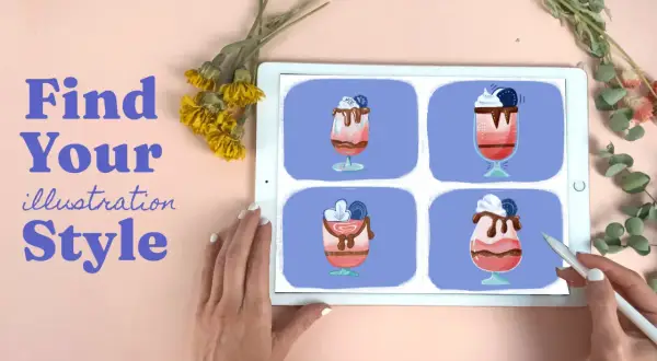 Tablet displaying four different illustration styles of desserts, with text "Find Your Illustration Style" on the left.