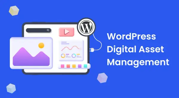 Illustration of a tablet displaying media and analytics, connected to the WordPress logo, representing WordPress digital asset management.