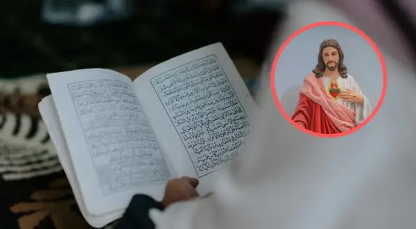 Otwarta księga z arabskim pismem obok wizerunku Jezusa. Islam uznaje Jezusa za proroka, ale nie za syna Bożego.