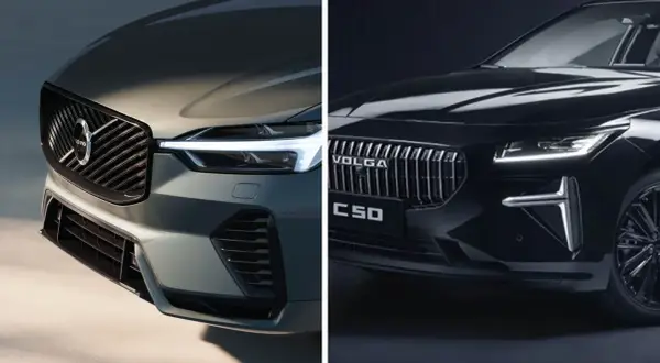 En Volvo och en rysk bil, Volga C50, visas sida vid sida.