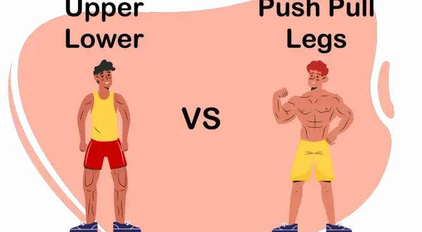 Zwei Männer, die verschiedene Workout-Splits repräsentieren: "Upper Lower" und "Push Pull Legs".