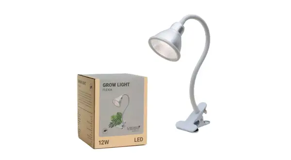 En vit LED-växtlampa med klämma och en kartong för "GROW LIGHT FLEXIA". Perfekt för att ge dina växter rätt ljus, som en timer till lampor.