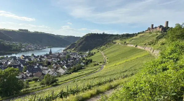 Idealny szlak orlich gniazd na weekend: malownicza wioska nad rzeką, winnice i ruiny zamku na wzgórzu.