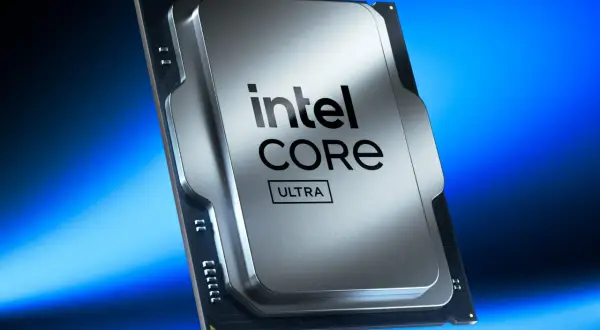 Procesor Intel Core Ultra, zapowiedź technologii Intel Arrow Lake, błyszczący metal, niebieskie tło.