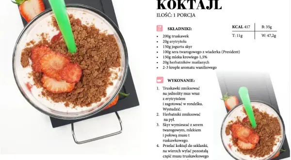 Pyszny koktajl z truskawkami i kruszonką z herbatników. Zdrowe jedzenie, które zachwyca smakiem i wyglądem.