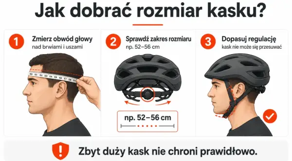 Jak dobrać kask rowerowy? Zmierz obwód głowy, sprawdź zakres rozmiaru i dopasuj regulację. Kask nie może się przesuwać.