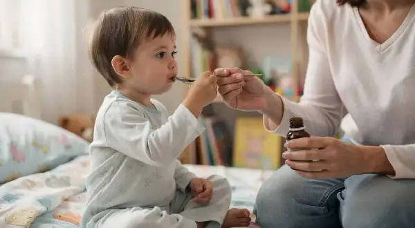 Mama podaje dziecku syrop z dekstrometorfanem. Maluch siedzi na łóżku w piżamce, a mama trzyma buteleczkę i łyżeczkę.