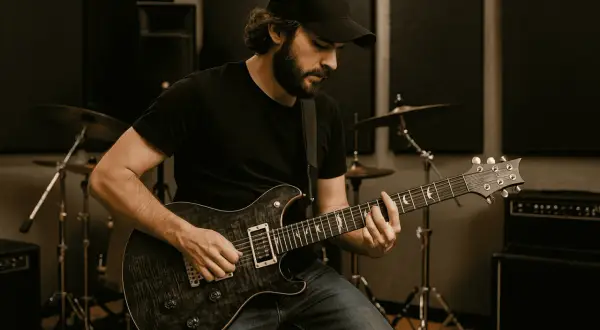 Mężczyzna w czapce z daszkiem gra na gitarze elektrycznej w studiu. Idealny obraz, by dowiedzieć się, jak zacząć grać na gitarze elektrycznej.