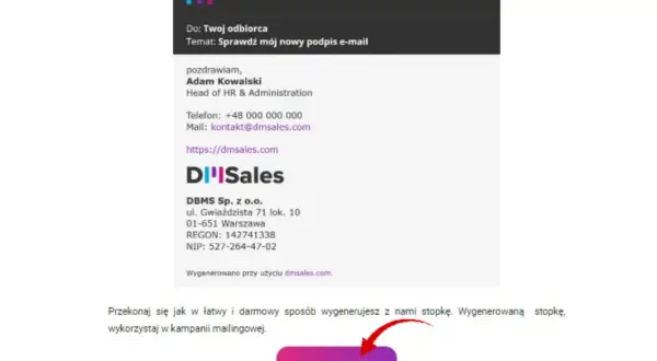 Podpis e-mail Adama Kowalskiego z firmy DBMS Sp. z o.o. z Warszawy. Fajne nazwy email i dane kontaktowe.