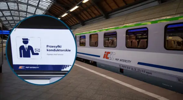 Znak informuje o możliwości nadania przesyłki konduktorskiej na dworcu PKP Intercity.