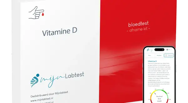 Vitamine D bloedtest kit en smartphone met resultaten. Een vitamine D-tekort kan leiden tot psychische klachten zoals somberheid.