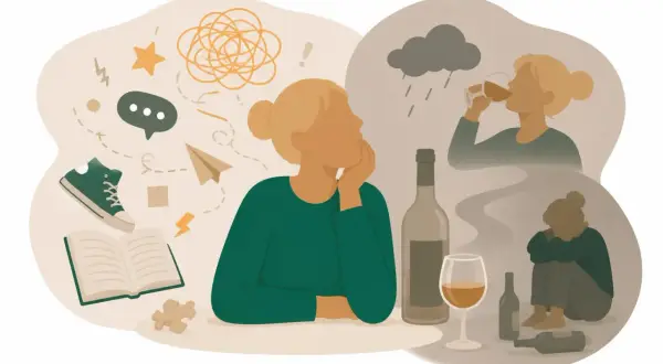 Tankar kring adhd och alkohol. En person funderar över sina känslor, med symboler för kaos och distraktioner. I bakgrunden syns bilder av drickande och ensamhet.