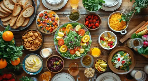 Un apéro drôle avec une table garnie de salades colorées, fruits, légumes, pain et houmous. Parfait pour un moment convivial et savoureux.