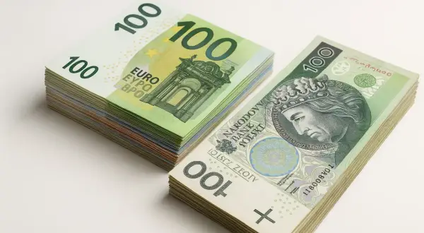 Stos banknotów 100 euro i 100 złotych. Zastanawiasz się, za ile można sprzedać euro?