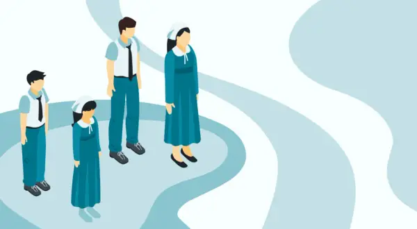 Uważaj na objawy sekciarstwa w ruchach religijnych. Ilustracja przedstawia grupę ludzi w jednolitych strojach, symbolizującą potencjalne zagrożenie.