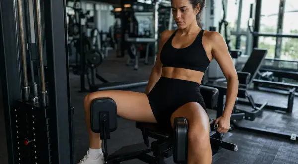 Donna si allena in palestra per dimagrire l'interno coscia con una macchina specifica.