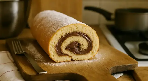 Un délicieux roulé au Nutella, saupoudré de sucre glace, prêt à être dégusté. Une gourmandise parfaite pour le goûter.