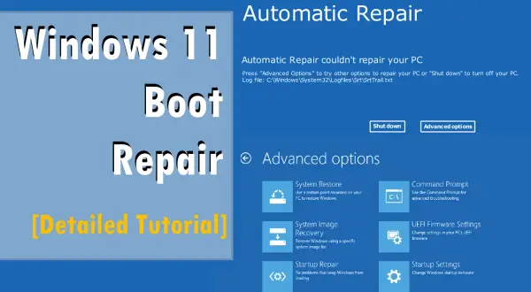 Ekran naprawy automatycznej systemu Windows 11, pokazujący opcje takie jak przywracanie systemu i wiersz poleceń. To jest ekran **windows boot manager**.