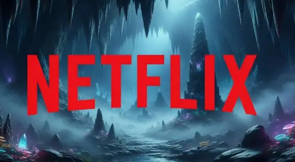 Mroczna, fantastyczna jaskinia z kryształami i mgłą. Czerwony napis NETFLIX sugeruje, że to dobry film na wieczór Netflix.