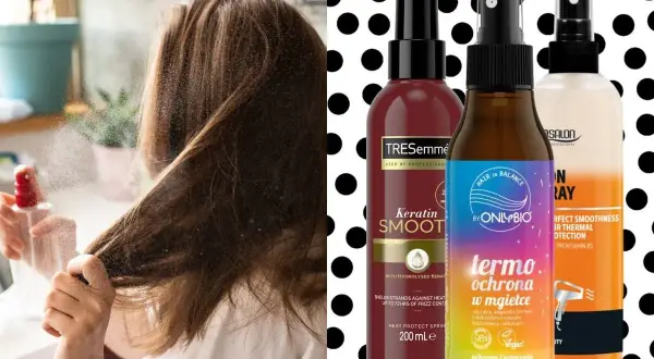 Kobieta aplikuje spray na włosy. Obok trzy produkty: TRESemmé, OnlyBio i Salon Professional, wszystkie z funkcją ochrony termicznej.