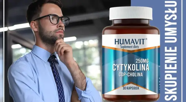 Mężczyzna w okularach zastanawia się nad suplementem diety Humavit Cytikolina CDP-Cholina, który wspiera skupienie umysłu.
