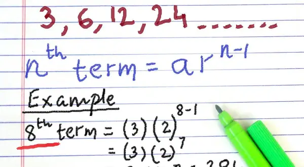 Przykład obliczania wyrazu ciągu geometrycznego: 3, 6, 12, 24... Wzór na n-ty wyraz: a*r^(n-1). Obliczono 8. wyraz: 384.