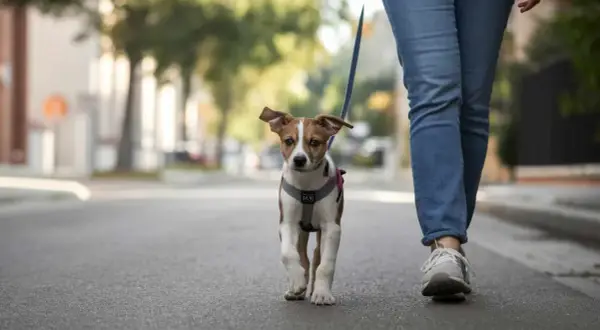 Un cachorro con arnés y correa sale a la calle por primera vez, explorando el mundo con curiosidad.