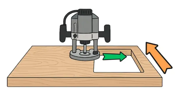 Une défonceuse sert à creuser le bois. Ici, elle crée une découpe rectangulaire dans une planche.