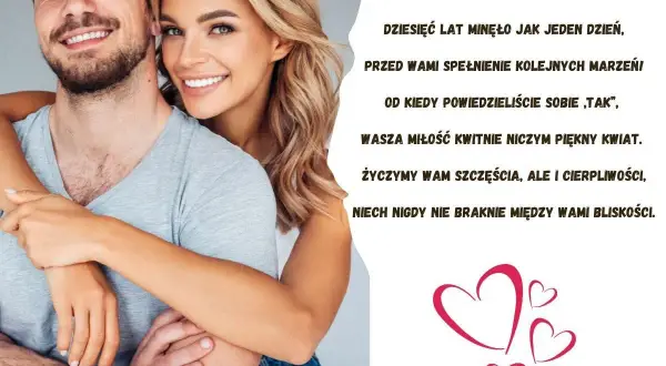 Uśmiechnięta para świętuje 10 rocznicę ślubu. Życzenia na 10 rocznicę ślubu: miłość kwitnie, szczęścia i bliskości.