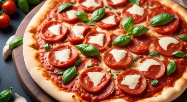 En läcker pizza med tomatsås, pepperoni och färsk basilika. Perfekt för en mysig kväll.