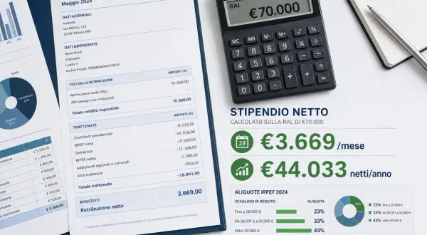 Busta paga con RAL di 70.000€, stipendio netto mensile di 3.669€ e annuale di 44.033€.