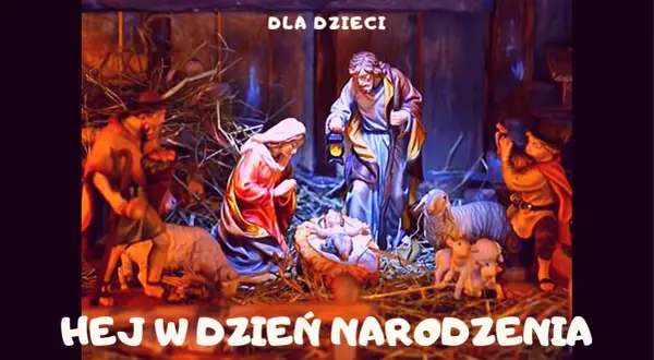 Hej w dzień narodzenia! Szopka bożonarodzeniowa z Dzieciątkiem Jezus, Maryją, Józefem i pasterzami.