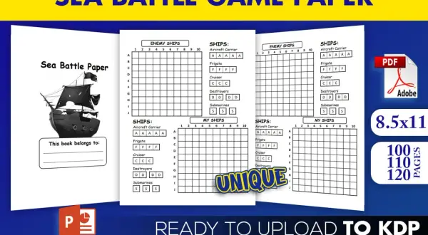 Páginas de juego hundir la flota en papel con cuadrículas para colocar barcos. Incluye diseño de barco pirata y texto "UNIQUE".
