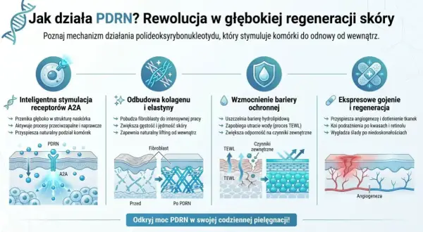 PDRN to polideoksyrybonukleotyd stymulujący regenerację skóry: odnowa komórek, kolagenu, wzmocnienie bariery i gojenie.