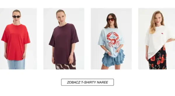 Kolekcja luźnych t-shirtów damskich XXL: czerwony, bordowy, błękitny z krabem i biały z makami.