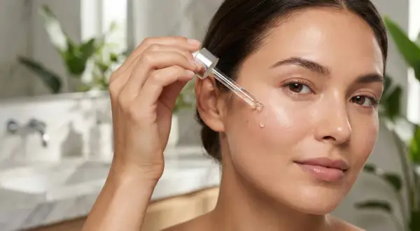 Una mujer aplica un suero con niacinamida, un ingrediente clave para combatir el acné, en su rostro.