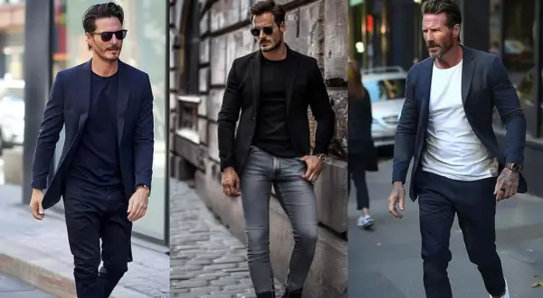 Drei Männer in stilvollen Outfits: dunkelblauer Blazer über schwarzem Pullover, schwarzer Blazer über schwarzem Pullover und grauer Jeans, dunkelblauer Blazer über weißem Pullover.