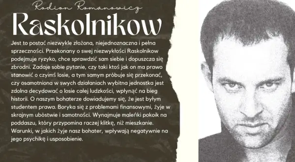 Portret Raskolnikowa, bohatera o złożonej psychice, który w **snach świdrygajłowa** zmaga się z własnymi dylematami moralnymi i poczuciem wyobcowania.