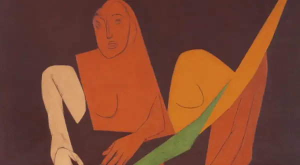 A striking piece of modern Indian art featuring abstract figures in warm tones, with a hint of green.