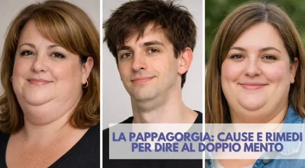 Tre persone sorridono, con un testo che parla di come eliminare il doppio mento.