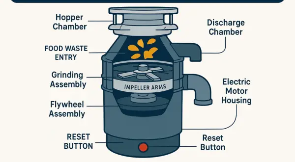 Diagram showing garbage disposal parts: hopper, grinding assembly, and reset button. Learn how to fix garbage disposal issues with this visual guide.